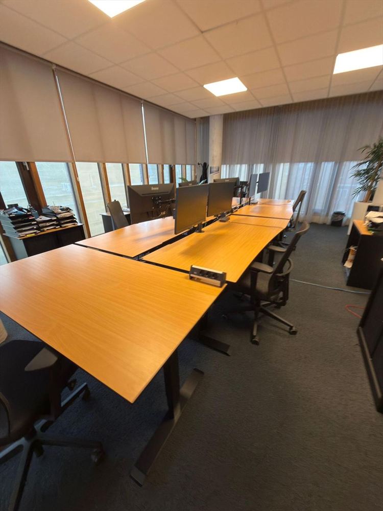 A long row of workstations with monitors set up in an office