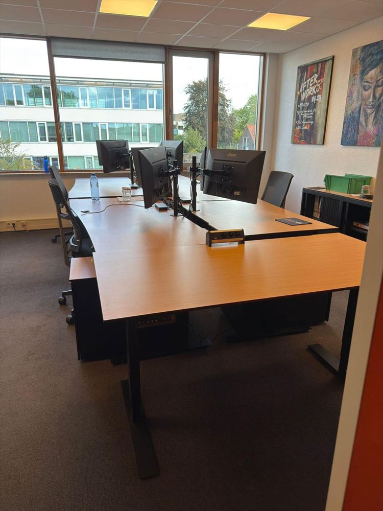 Height-adjustable workstations with dual monitor arms by the window
